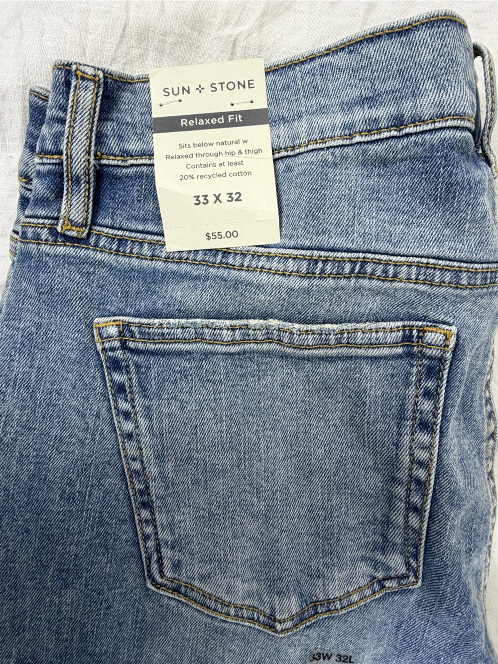NWT Sun + Stone Mens Loose Straight Jeans Venice Wash Blue 33 x 32